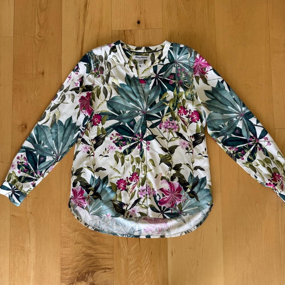 Tommy Bahama Silk Floral Blouse - Green and Pink XS